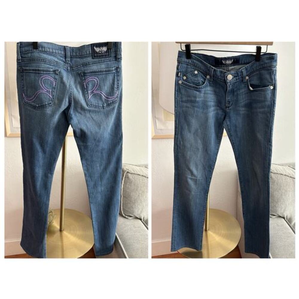 Y2K 90s Embroidery Rhinestones Jeans 27 Stretch Low Waist